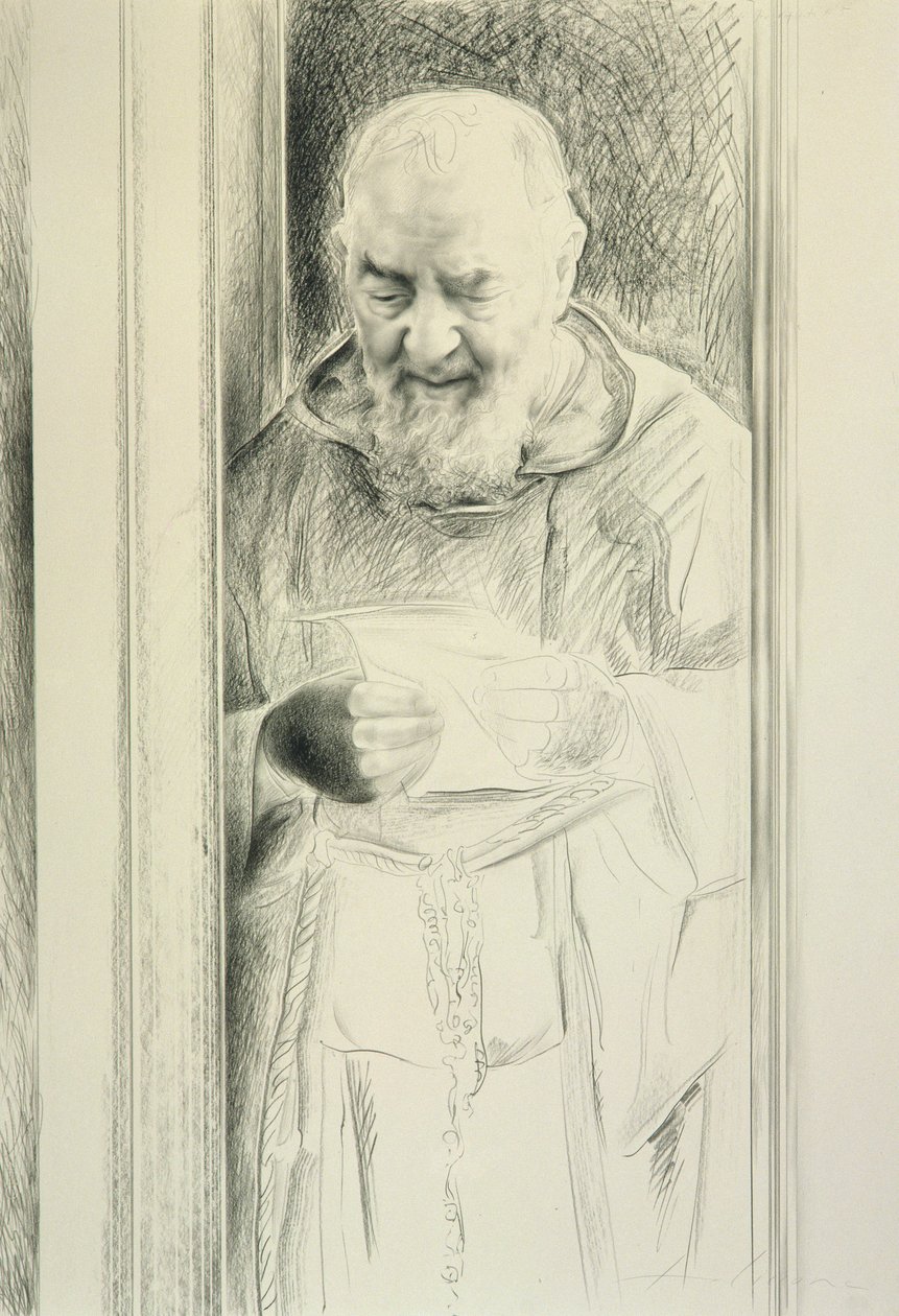 Padre Pio Reading, 1988-89 (uhl na papíře) od Antonio Ciccone