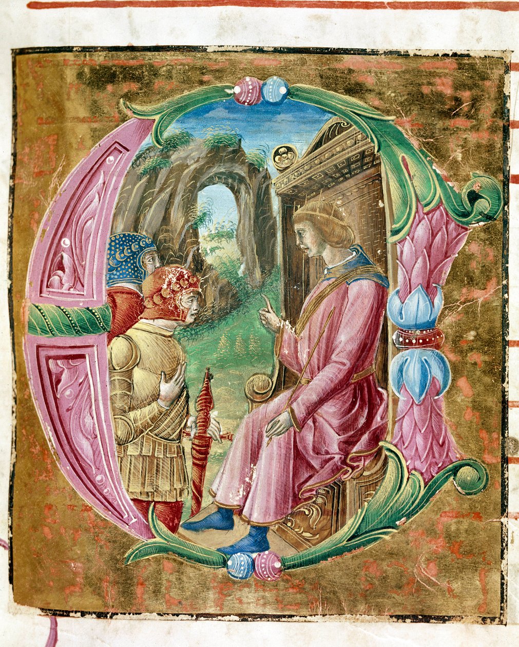 Herode I. Veliký (73-4 př. n. l.) nařizující masakr nevinného Lettrina osvětleného Antoniem Cicognarim. Detail antifonáře. 1483. Cremone, chorál 4, capitolo del duomo od Antonio Cicognara