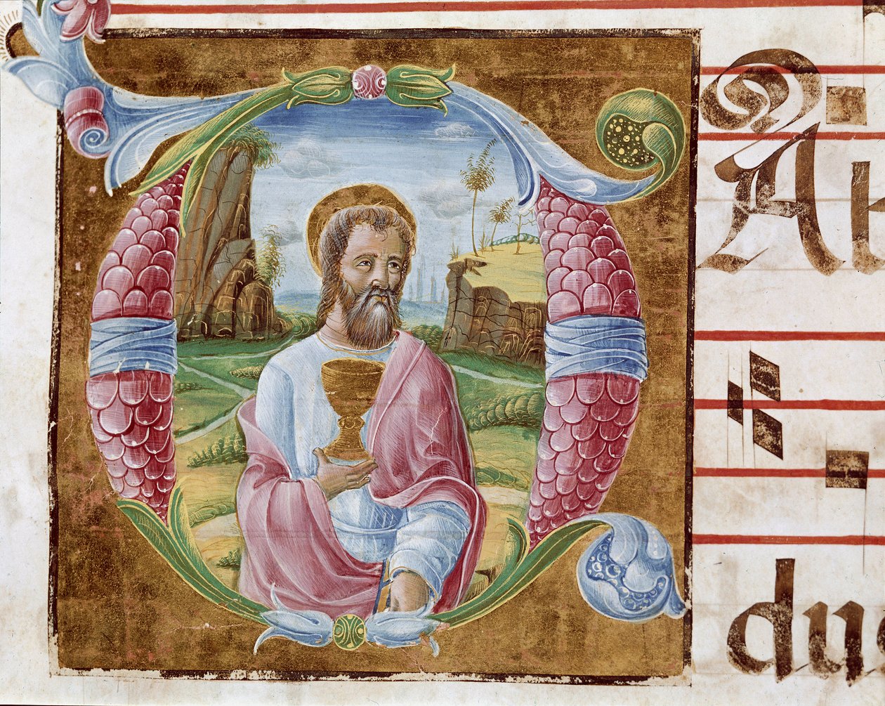 Svatý Jan Evangelista Lettrine osvětlený Antoniem Cicognarim. Detail antifonáře. 1483. Cremone, chorál 4, capitolo del duomo od Antonio Cicognara