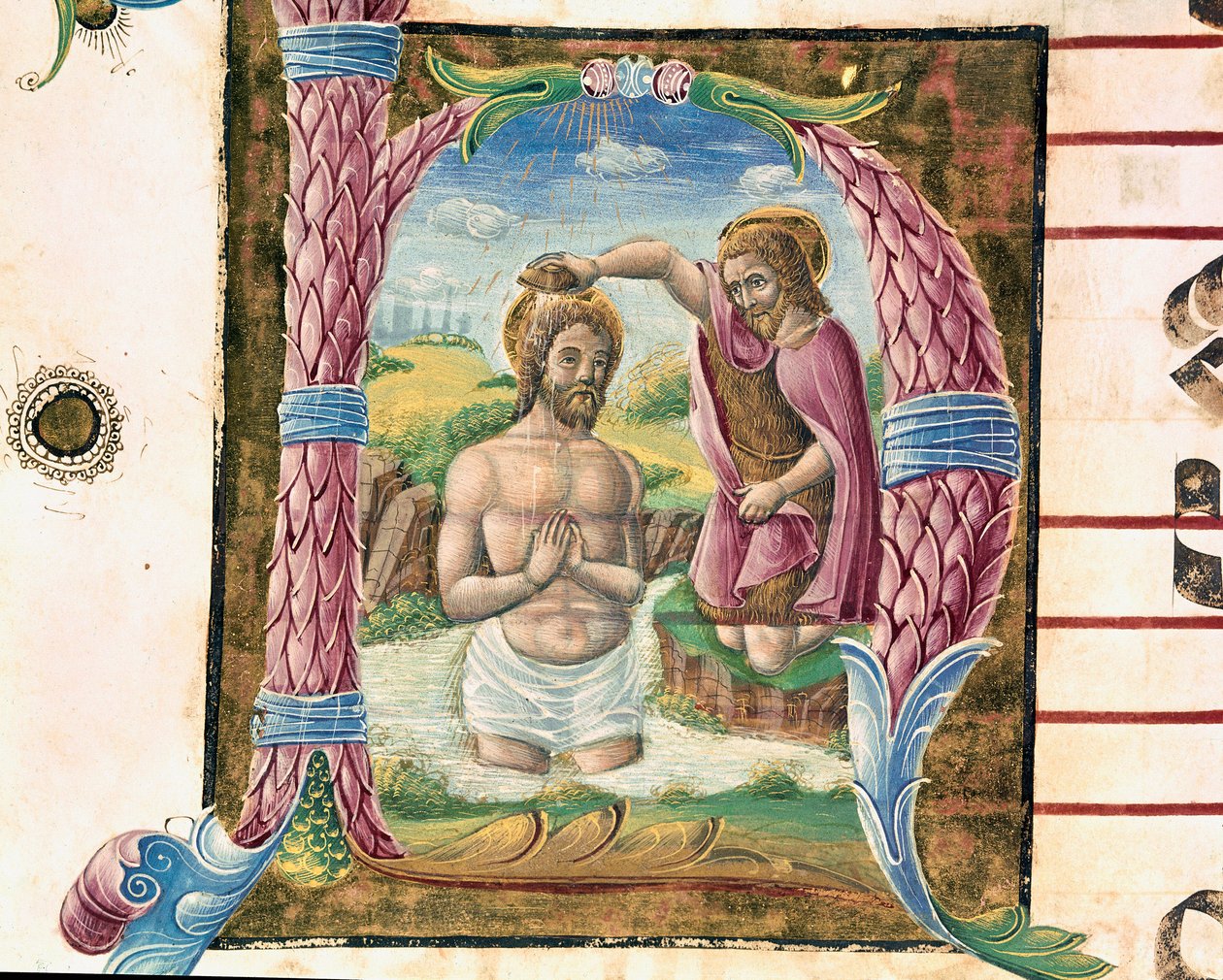 Křest Krista Lettrine osvětlený Antoniem Cicognarim. Detail antifonáře. 1483. Cremone, chorál 4, kapitula katedrály od Antonio Cicognara