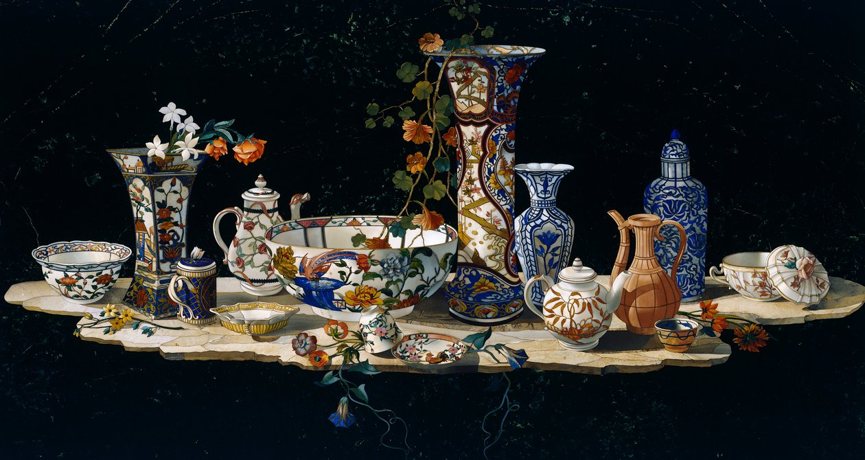 Stolní deska s porcelánovými vázami, cca 1797, polodrahokamová mozaika na mramoru, vytvořená ve velkovévodských dílnách ve Florencii podle modelu Antonia Ciociho (aktivní v 2. polovině 18. století), Itálie, italská kultura od Antonio Cioci or Ciocchi