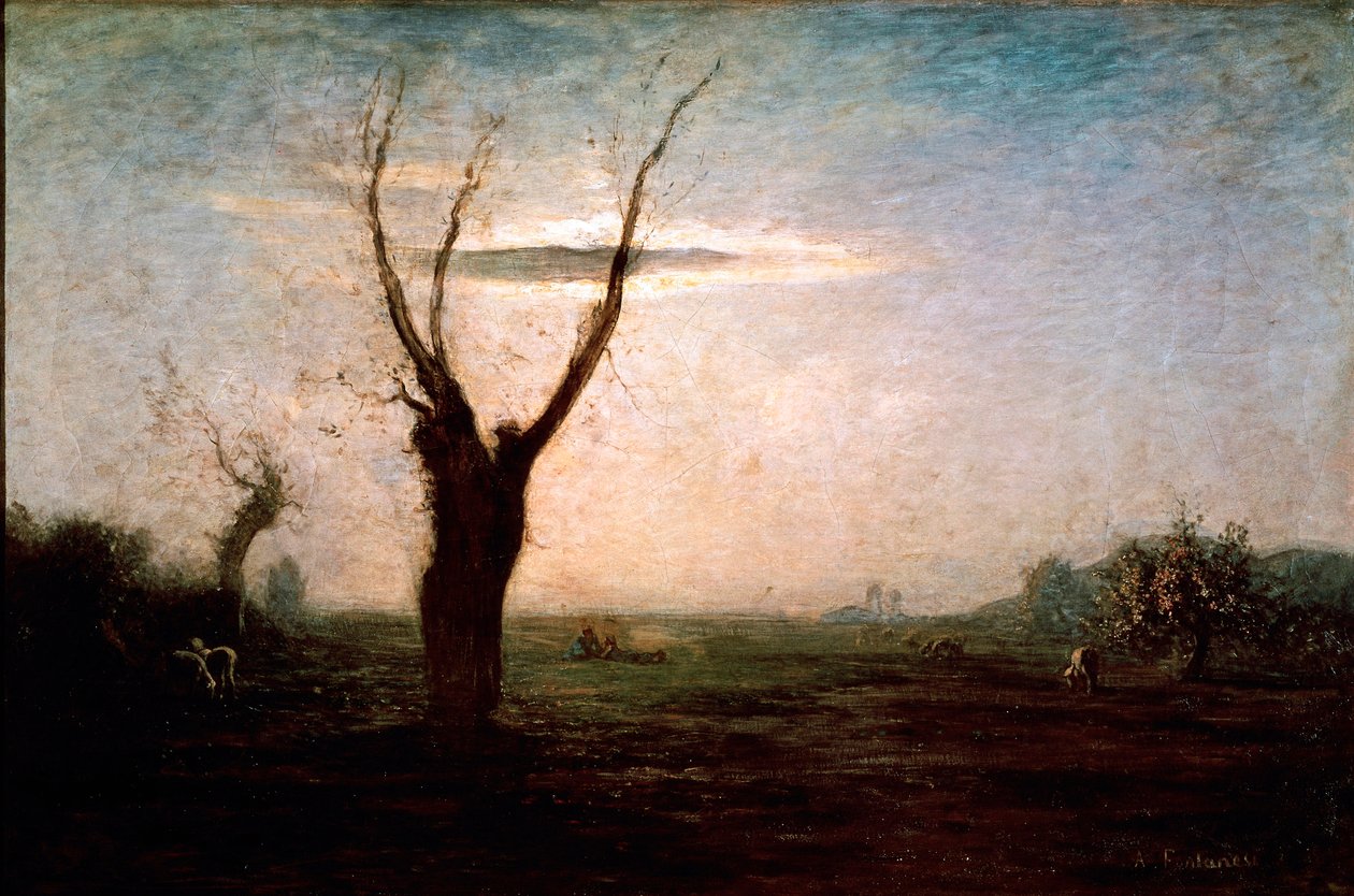 Duben Krajina pozdní zimy se stromem ještě bez listí. Obraz” Antonia Fontanesiho (1812-1882) od Antonio Fontanesi