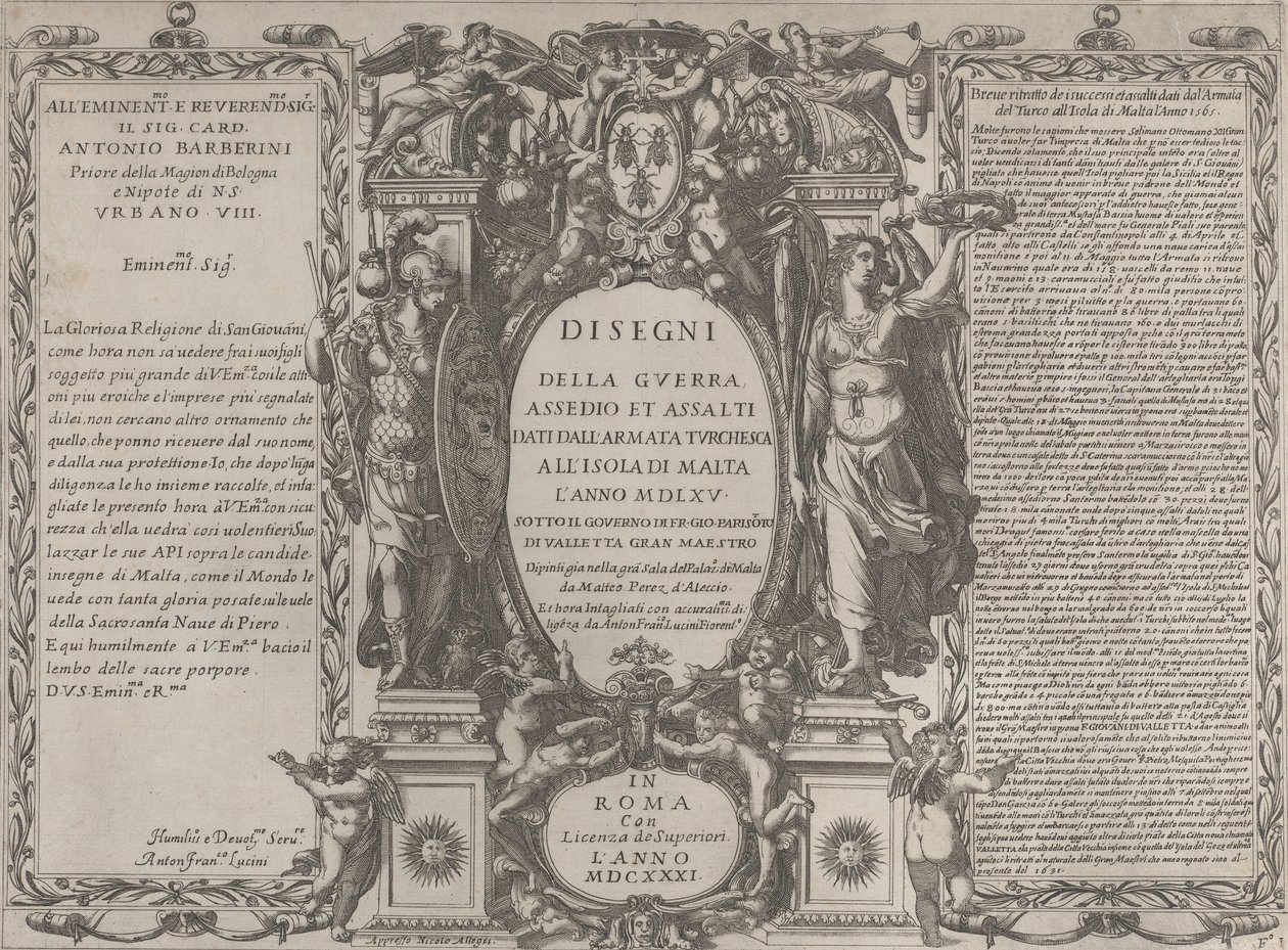 Frontispis pro kresby války, obléhání a útoku turecké armády na ostrov..., 1631. od Antonio Francesco Lucini