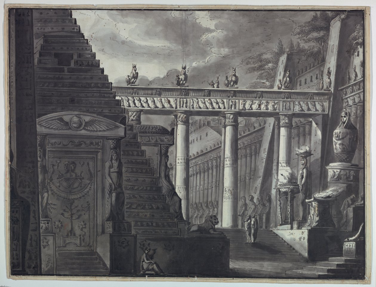 Scéna, nádvoří egyptského chrámu od Antonio Giuseppe Basoli