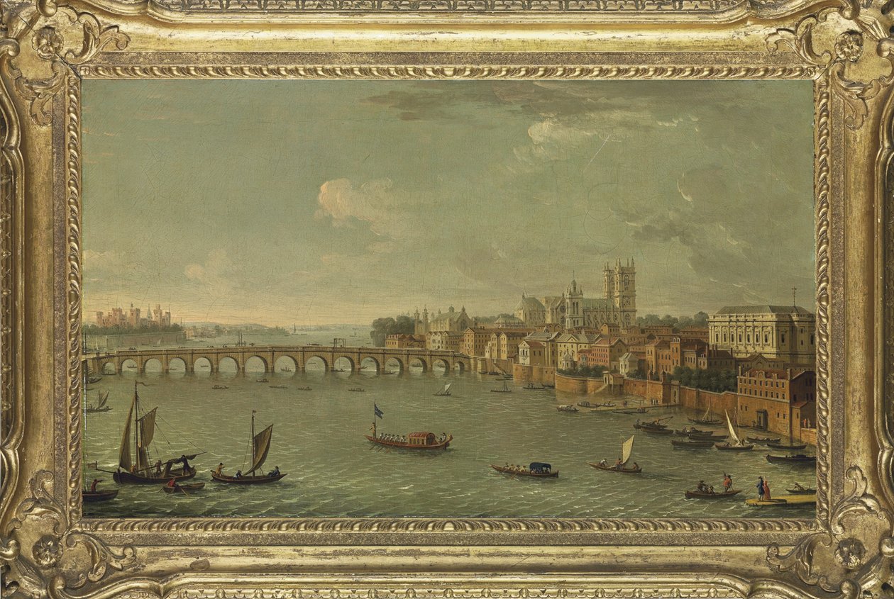Čtyři pohledy na Londýn: Temže směrem k Westminsteru, asi 1700-77 (olej na plátně) od Antonio Joli
