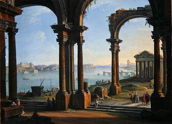 Scéna z přístavu skrz Ruined Arches (olej na plátně) od Antonio Joli