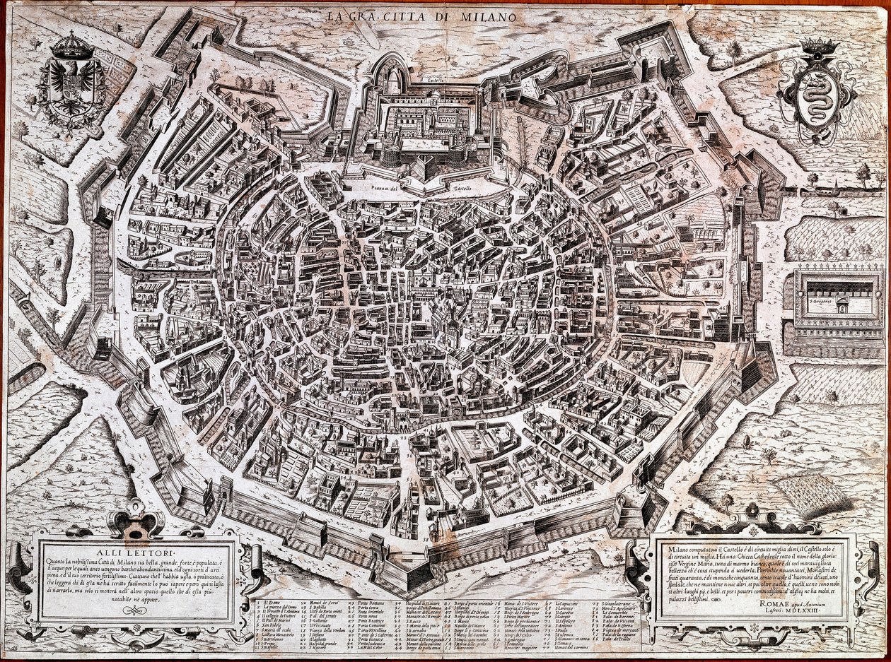 Mapa města Milána upravená Antoniem Lafrerim (Lafrery nebo Lanfrerius) (1512-1577) v roce 1573. Toto je nejstarší mapa ve městě. Milán, Milánské muzeum - Mapa Milána. Nejstarší mapa města z roku 1573, kterou upravil Antonio Lafreri. Itálie, Muzeum Milána od Antonio Lafreri