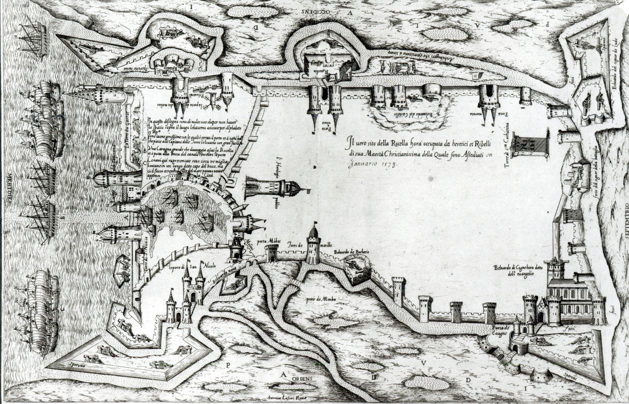 Mapa znázorňující La Rochelle obsazenou hugenoty od Antonio Lafreri