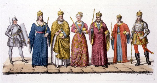 Vůdci a králové Maďarska, z „Le Costume Ancien et Moderne“ od Julese Ferraria, vydáno kolem 20.–30. let 18. století (barevné lito) od Antonio Lanzani