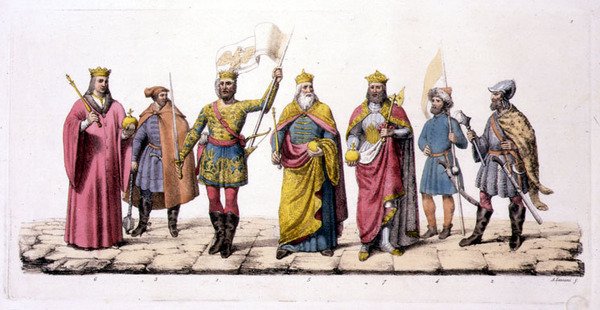 Vůdci a králové Maďarska, z „Le Costume Ancien et Moderne“ od Julese Ferraria, vydaného kolem 20.–30. let 18. století (barevné lito) od Antonio Lanzani