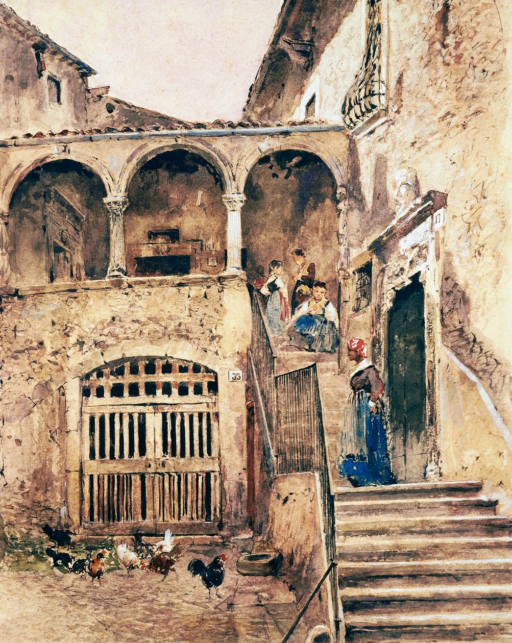 Uvnitř nádvoří činžovního domu, Antonio Mancini (1852-1930) od Antonio Mancini