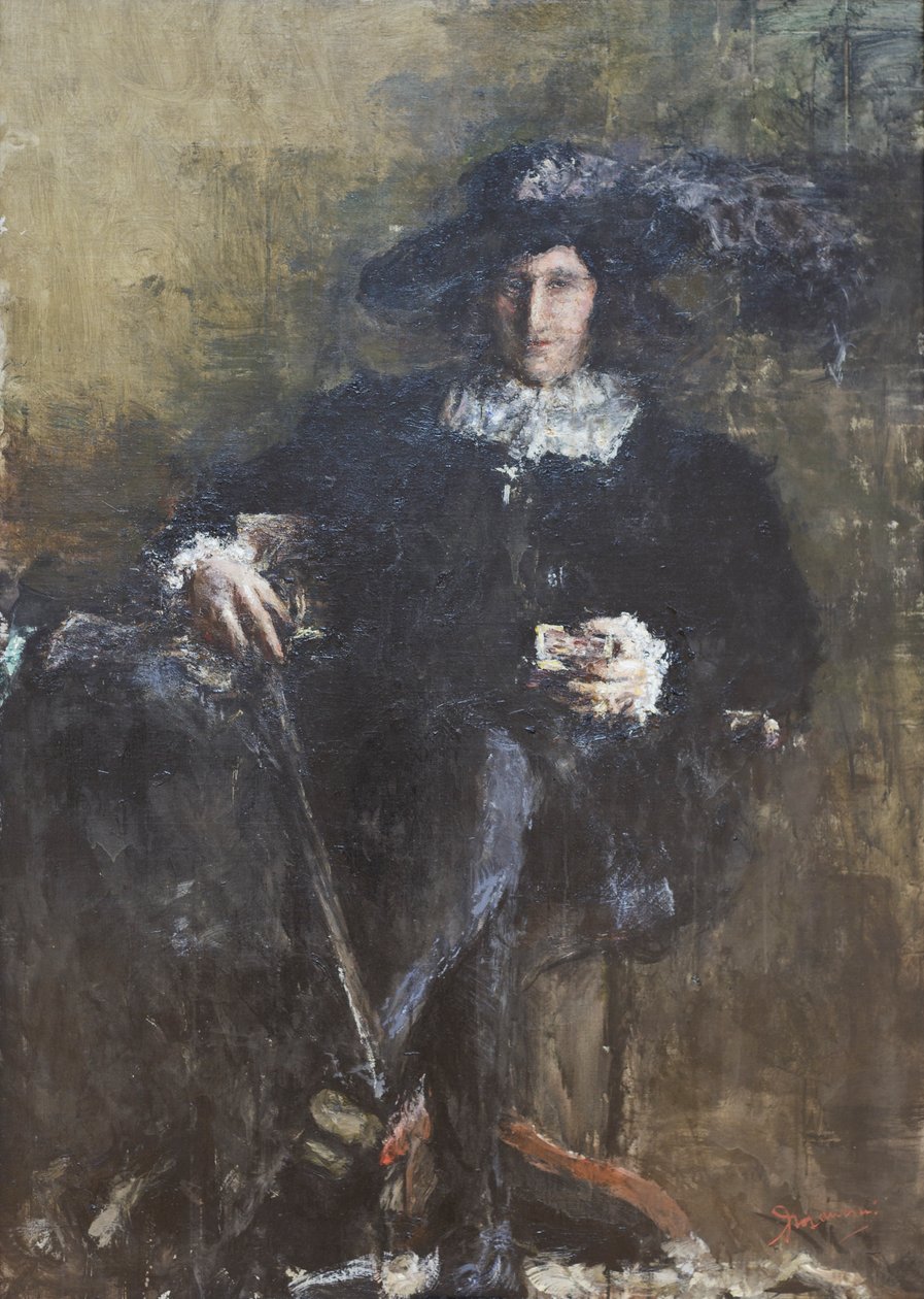 Sedící mušketýr, cca 1920 (olej na plátně) od Antonio Mancini