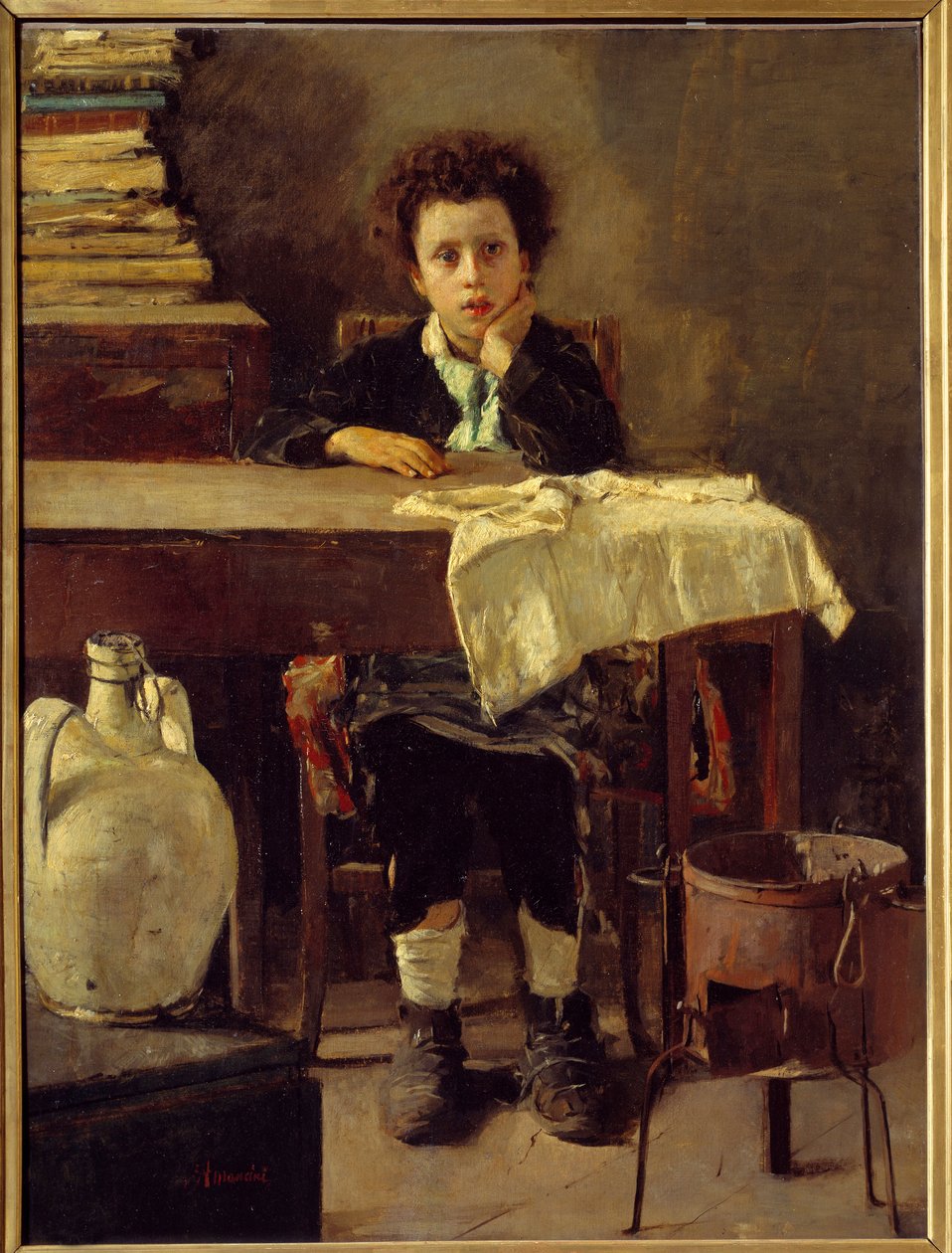 Malý školák nebo chudý školák Obraz Antonia Manciniho (1852-1930) Slunce 19. století. 1,3x0,97 m Paříž, Musee d
