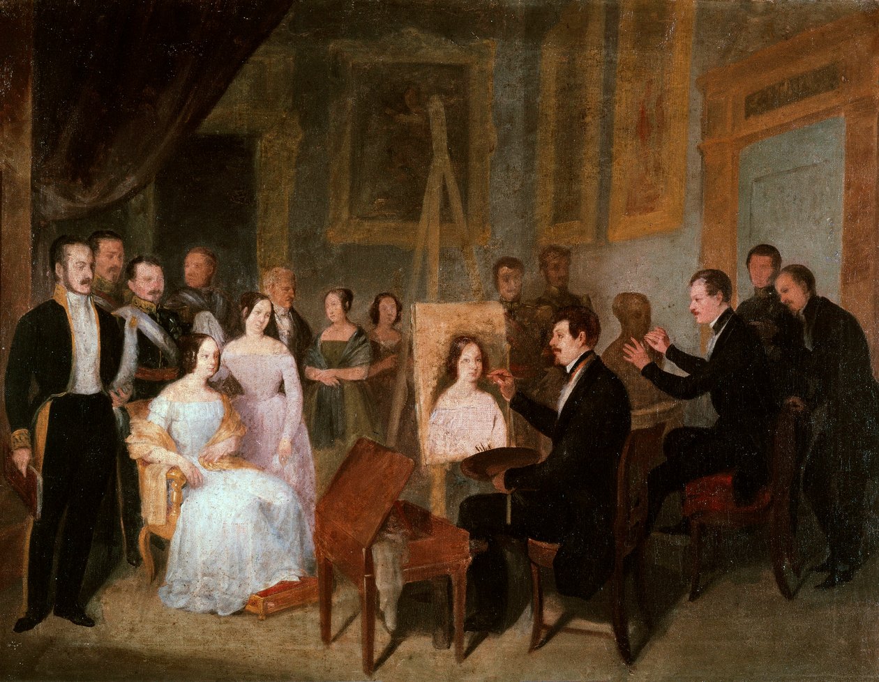 Dodge ve svém ateliéru maluje portrét španělské královny Isabely II. (1830-1904). Obraz Antonia Maria Esquivela (1806-1857) od Antonio María Esquivel y Suárez de Urbina