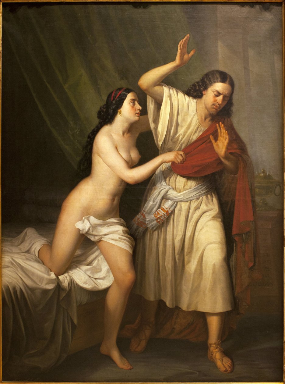 Josef a manželka Putifara (Pótifar). Obraz Antonia Esquivela (1806-1857), olej na plátně od Antonio María Esquivel y Suárez de Urbina