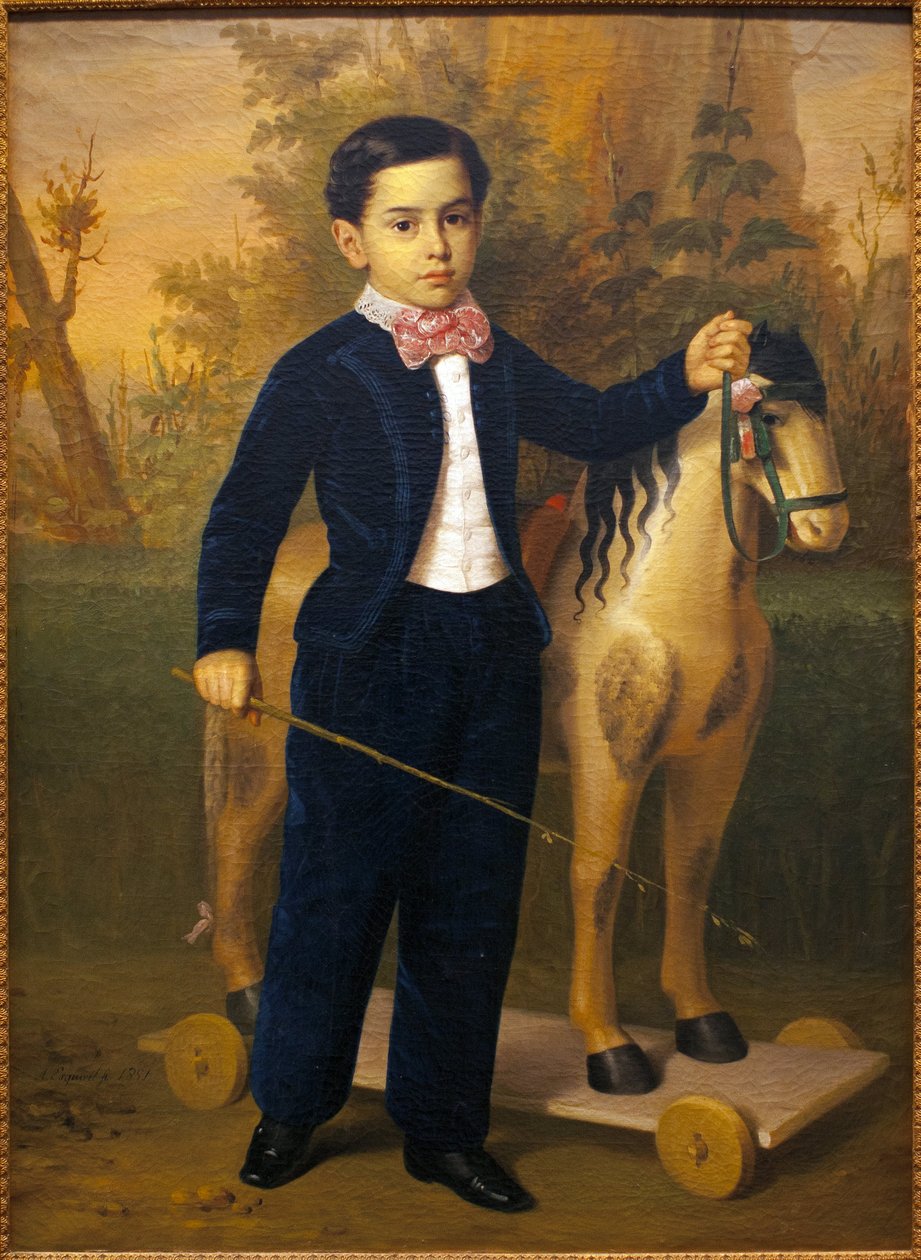 Portrét malého chlapce s dřevěným koněm. Obraz Antonia Maria Esquivela (1806-1857), olej na plátně, ves 1851. Muzeum výtvarných umění v Seville, Španělsko. od Antonio María Esquivel y Suárez de Urbina