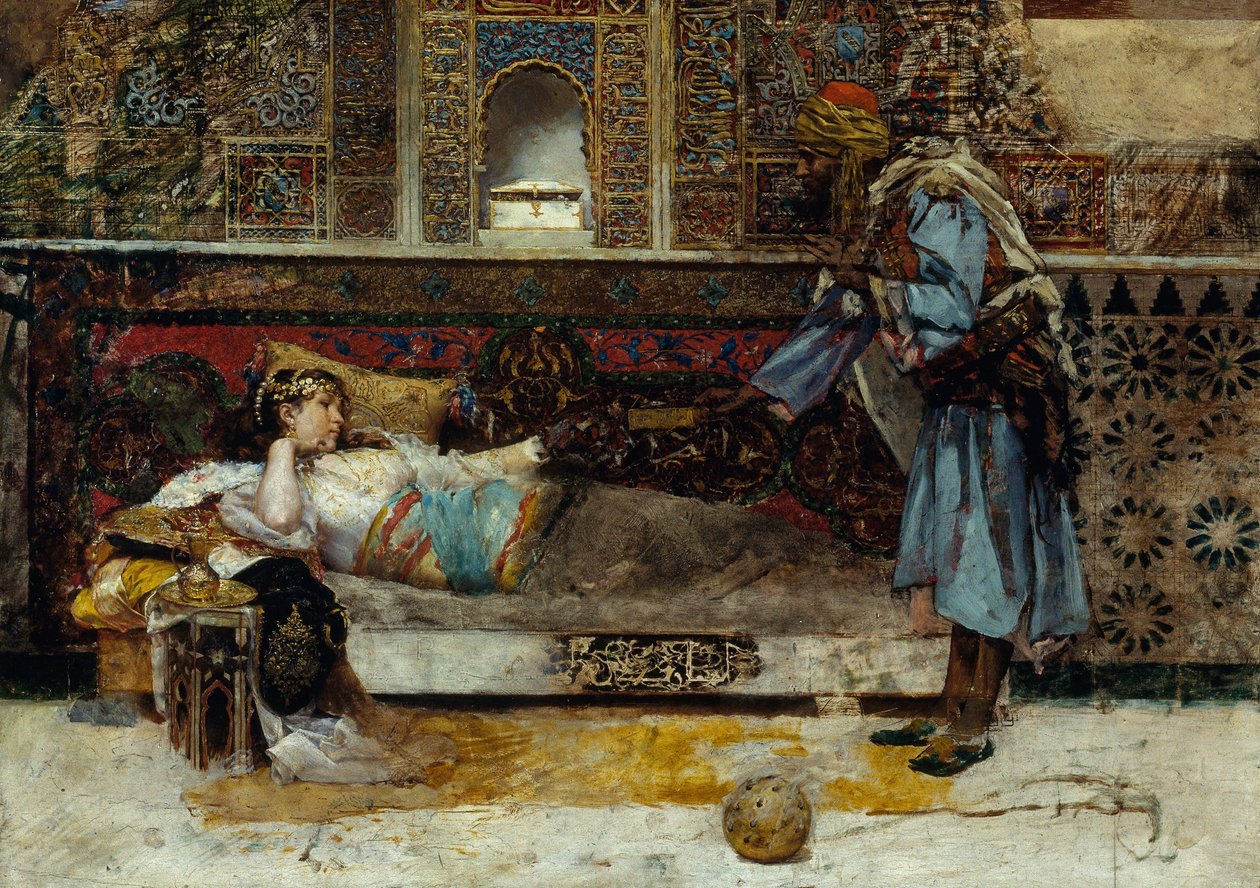 Sultánův dar - obraz Antonia Maria Fabres y Costa (1854-1936), olej na dřevě (29x41,5 cm) od Antonio Maria Fabres y Costa