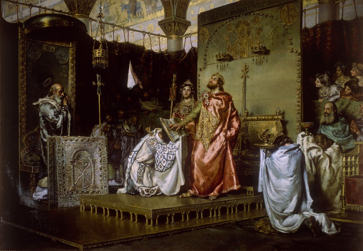Konverze Reccareda ke katolicismu na koncilu III v Toledu, 589, 1888 od Antonio Munoz Degrain