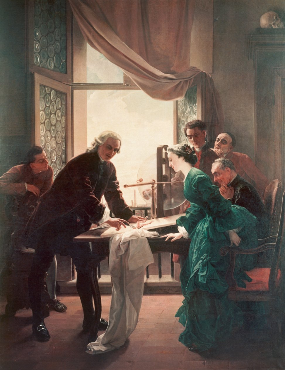 Luigi Galvani (1737-1798) prováděl pokusy na žábách, pomáhala mu jeho manželka Lucia Galeazzi od Antonio Muzzi