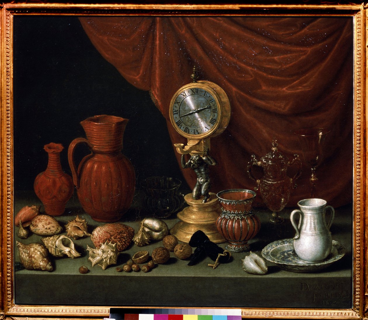 "Zátiší s hodinami" Kyvadlo, džbán, skořápky, ořechy, křišťálové sklo. Obraz Antonia de Pereda y Salgado (1611-1678) 1652 Puškinovo muzeum, Moskva od Antonio Pereda y Salgado