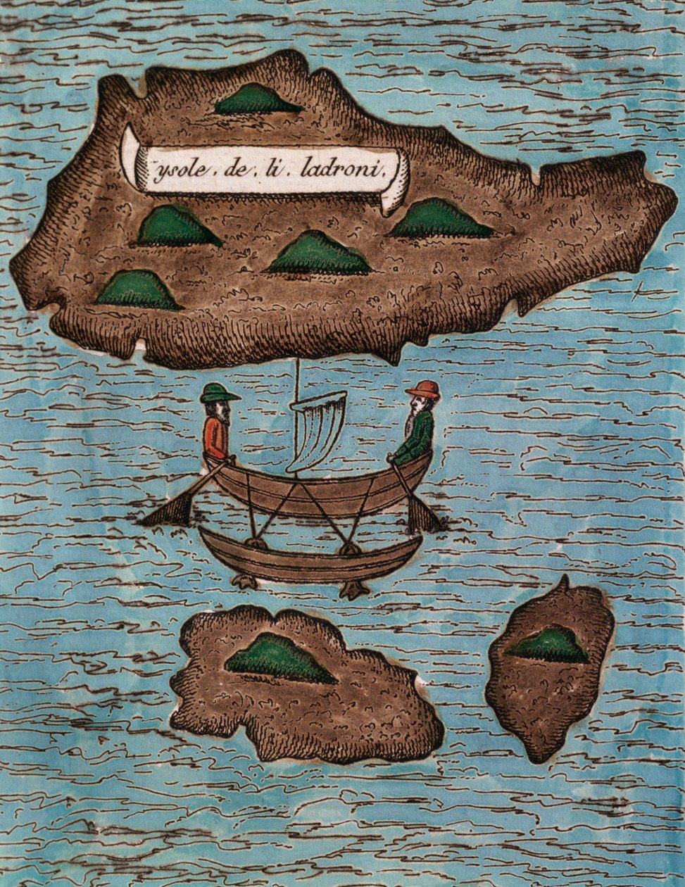Islas de los Ladrones (dnes Mariánské ostrovy), kolorovaný dřevoryt ze Zprávy o první plavbě kolem světa s Ferdinandem Magellanem od Antonio Pigafetta