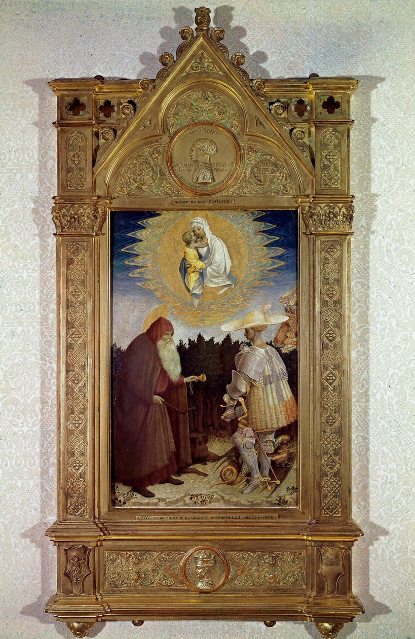 Zjevení Panny Marie svatému Antonínu Abbeovi (Svatému Antonínu Velikému (250/251-356) (neboli Svatému Antonínu Poustevníkovi) a Svatému Jiří. Obraz Antonia di Puccio Pisano dit Pisanello (1395-1455) od Antonio Pisanello