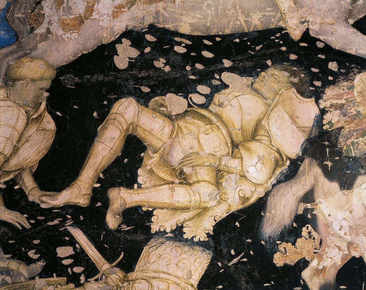 Rytířský námět, detail z turnaje-bitvy u Louvezerp, od Antonia Pisanella (1395-1455), freska. Palazzo Ducale v Mantově. od Antonio Pisanello