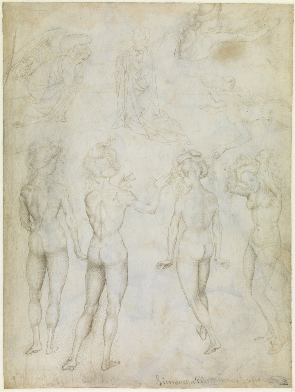 Čtyři studie ženského aktu, Zvěstování a dvě studie plavající ženy, kolem roku 1425 (hrot, pero a tužka hnědou barvou na pergamenu) od Antonio Pisanello