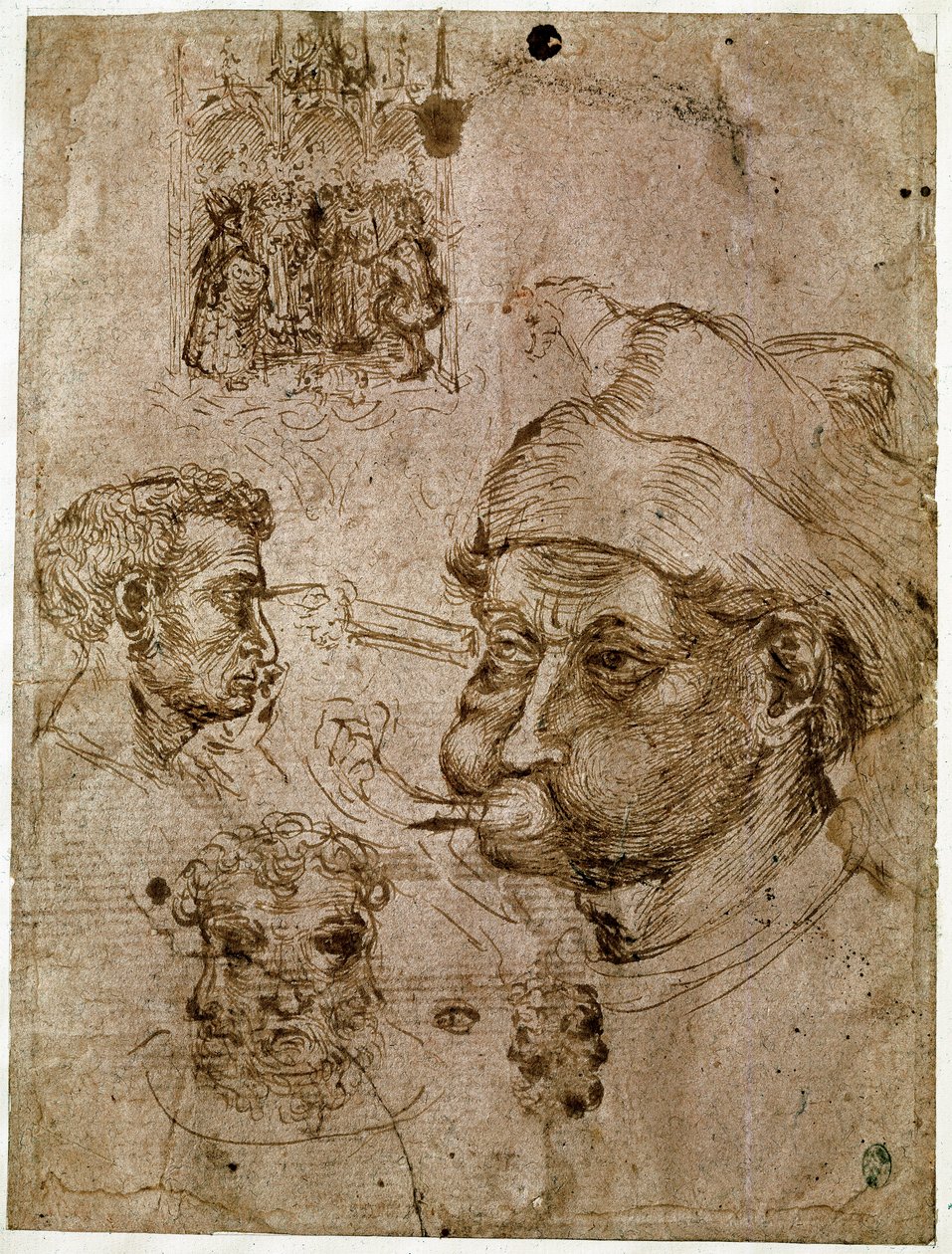 Čtyři mužské hlavy, z nichž dvě mají tři tváře. Oltářní obraz. Kůň. Kresby z dílny Antonia di Puccio Pisano dit Pisanello (1395-1455). Hnědý inkoust, pero (kresba), krev. Rozměr: 27,1 x 20,5 cm. Louvre, Kabinet medailí. od Antonio Pisanello