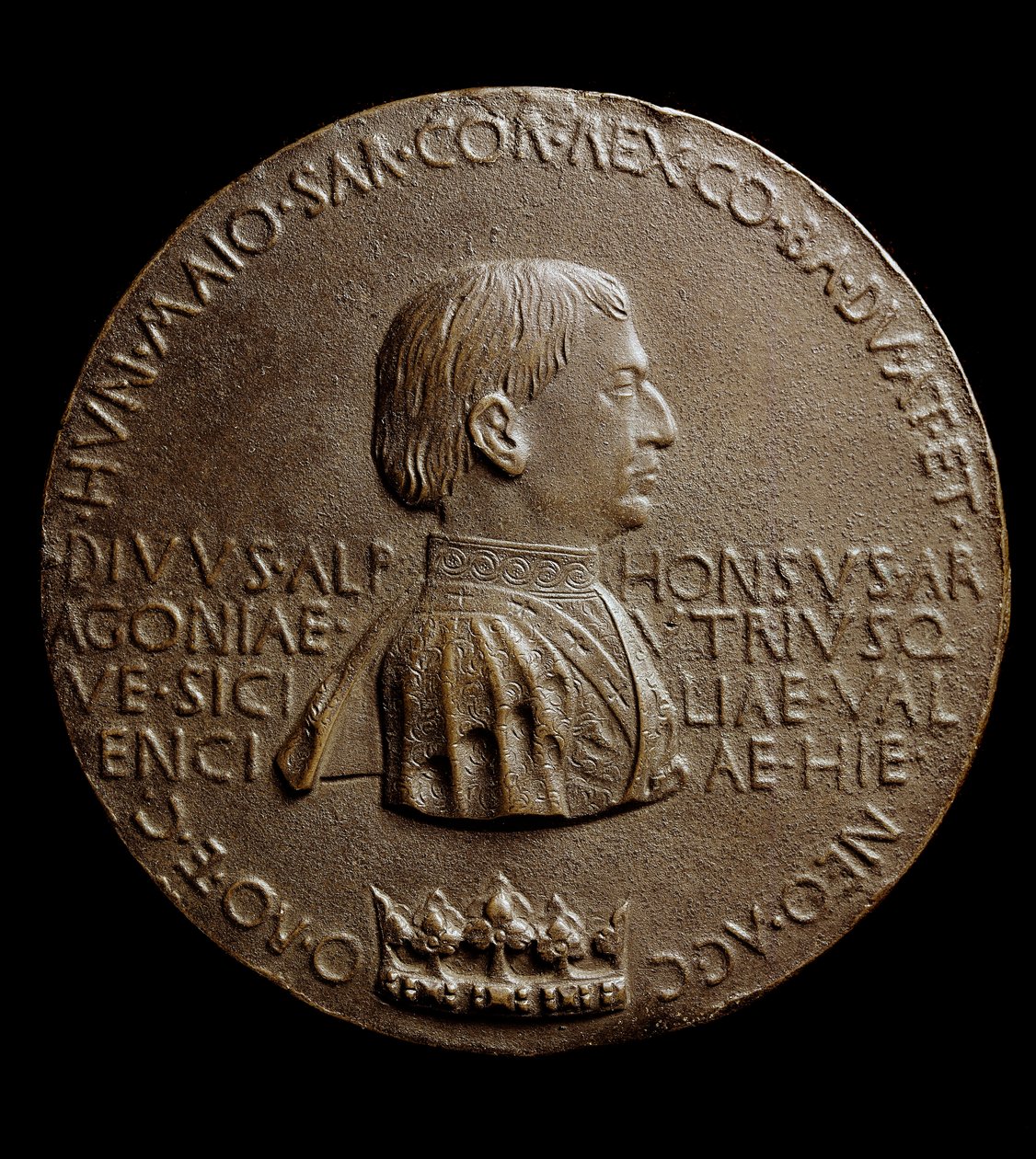Medaile Alfonse V. Aragonského (Alfonso Magnanimus nebo Veliký). V italštině Alfonso Veliký nebo Alfonso V. Aragonský od Antonio Pisanello