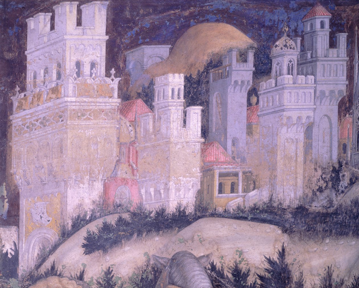 Svatý Jiří a princezna, město s věžičkami, od Antonia Pisanella (1395-1455), freska, bazilika sv Anastasie, Verona od Antonio Pisanello