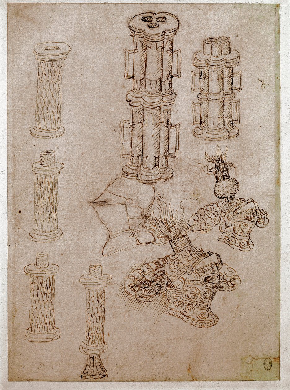 Tři helmy zakončené cestičkami a dva kusy děl byly zničeny. Kresba Antonio di Puccio Pisano dit Pisanello (1395-1455) Hnědá tuš, černý kámen, peříčko. Rozměr: 28,7 x 20,6 cm. Louvre, kreslířská firma od Antonio Pisanello