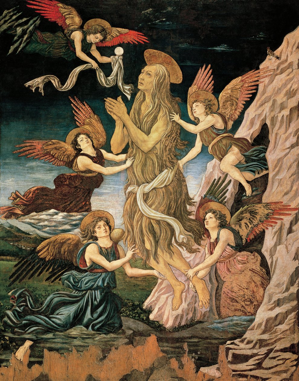 Nanebevzetí svaté Marie Egyptské nebo Nanebevzetí svaté Máří Magdalény, Antonio Benci známý jako Pollaiuolo (1431-ca 1498), olej a tempera na dřevě od Antonio Pollaiuolo