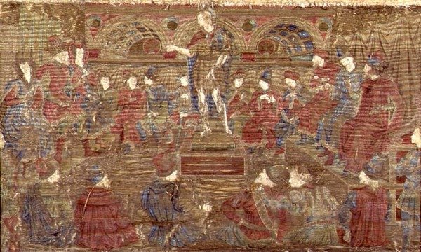 Svatý Jan Křtitel kárá Heroda, tapiserie s výjevy ze života světce (textil) od Antonio Pollaiuolo