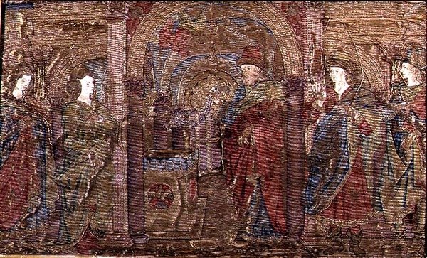 Zvěstování Zachariášovi, tapisérie zobrazující výjevy ze života sv. Jana Křtitele (textil) od Antonio Pollaiuolo
