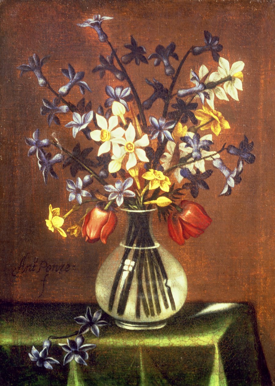 Květinové zátiší s hyacinty, tulipány a bažantími oky (olej) od Antonio Ponce