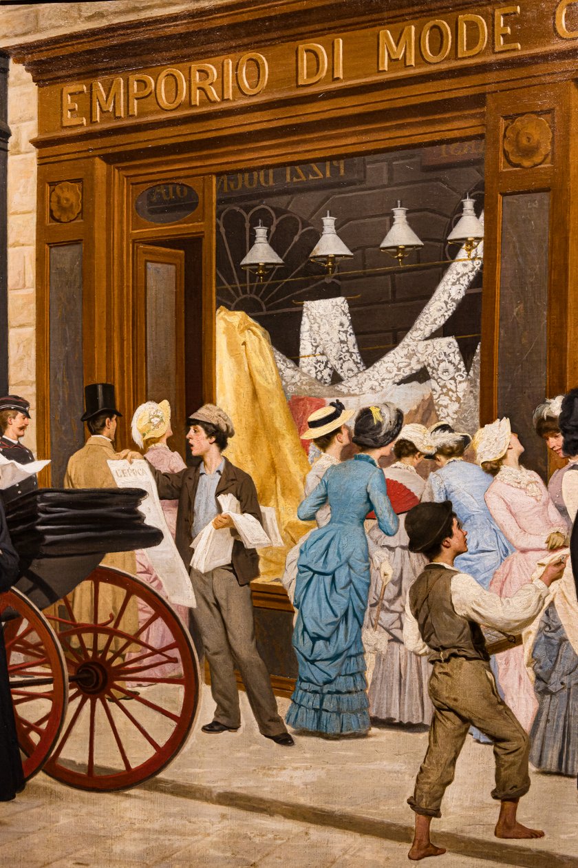 Epocha, detail žen při pohledu na výlohu, městský křikloun a chlapec od Antonio Puccinelli