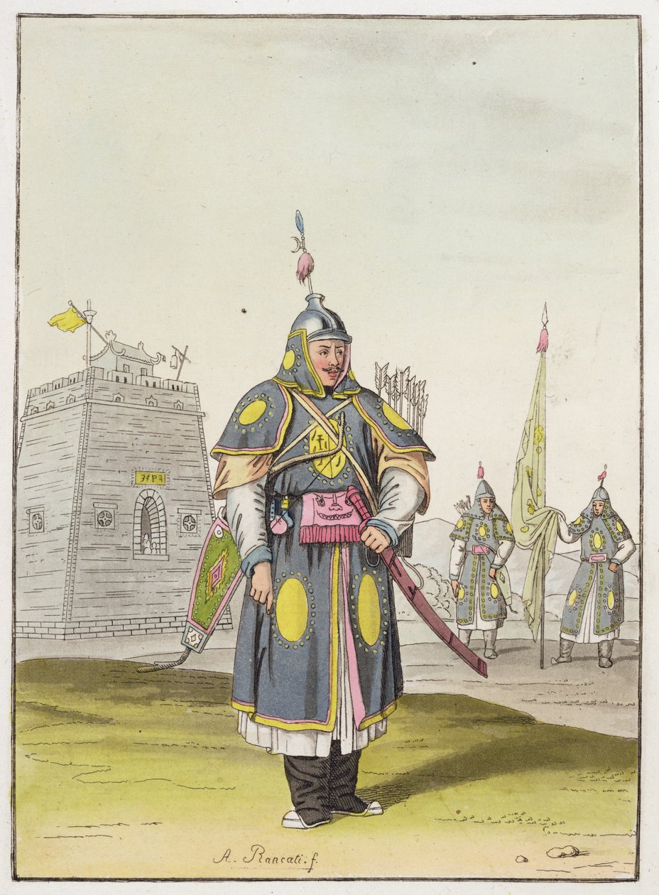 Čínský voják v kompletním bojovém oděvu, ilustrace z „Le Costume Ancien et Moderne“ od Giulia Ferraria, vydáno kolem 20.–30. let 19. století od Antonio Rancati