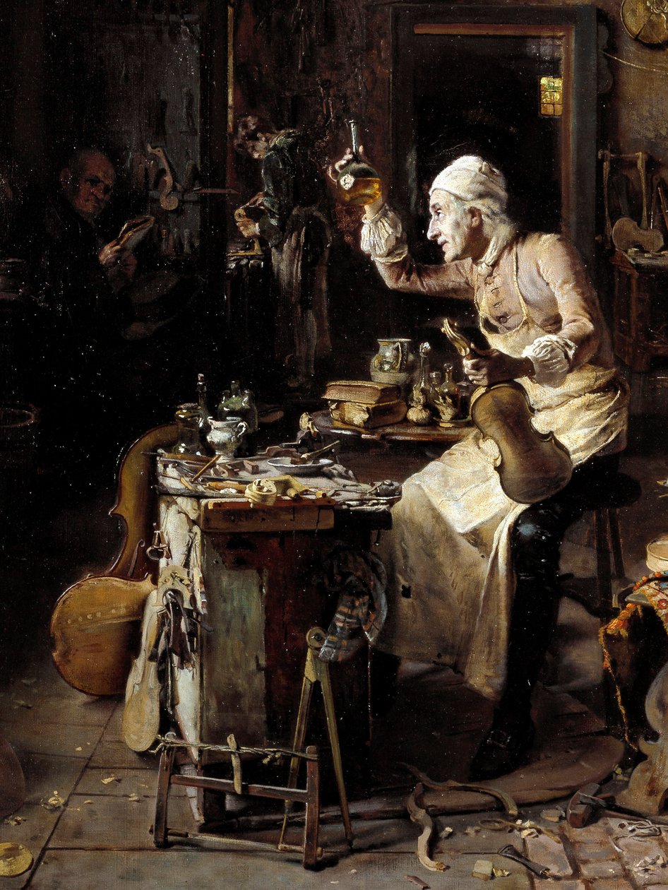 Detail: „“ Italský houslař Stradivarius (1644-1737) ve své dílně““ Obraz Antonia Rinaldiho (19. století) 1886 Cremone, Museo Civico od Antonio Rinaldi