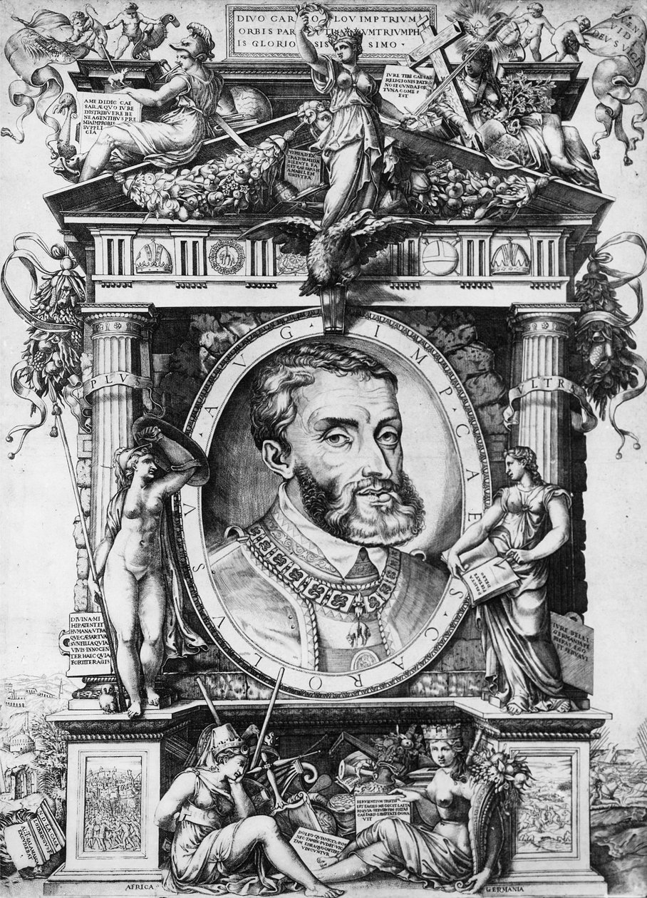 Portrét Karla V. (1500-68), císaře Svaté říše římské (rytina) (černobílá fotografie) od Antonio Salamanca