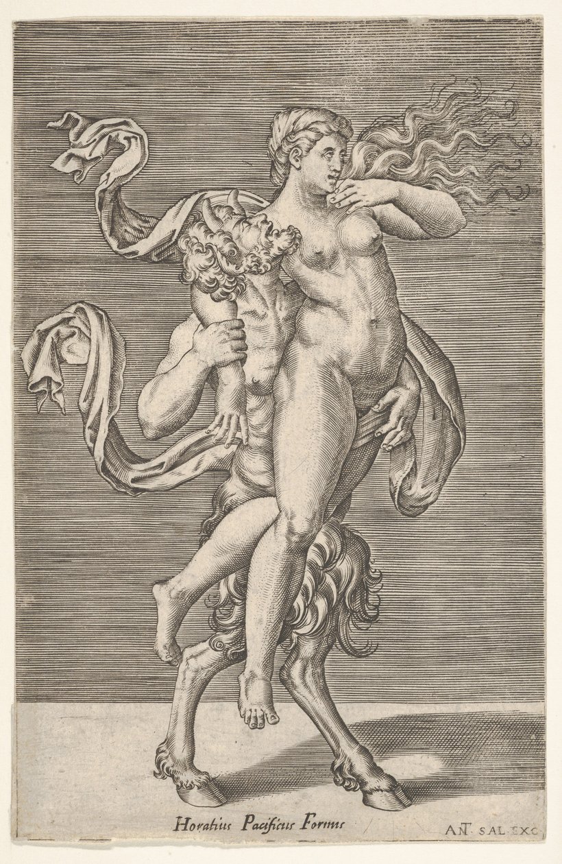 Satyr nesoucí nymfu, jejíž pravá paže je omotaná kolem krku satyra, s ..., ca. 1505-62. od Antonio Salamanca