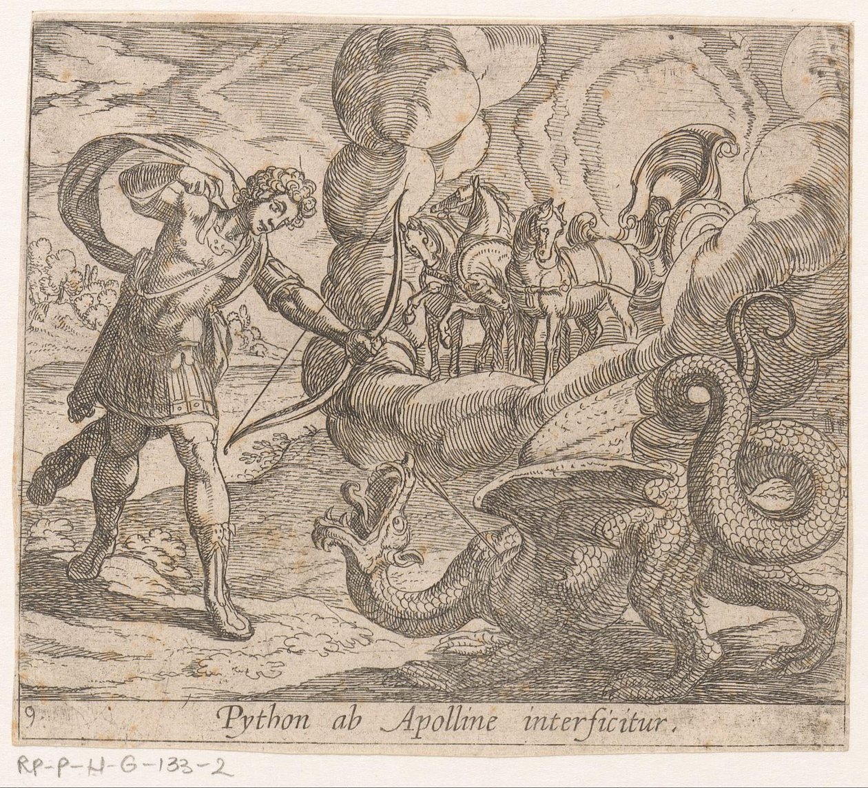 Apollo ničí Python Python je zabit Apollem (název na objektu) Metamorphoseon nebo transformace (název série) Metamorfosen van Ovidius (název série) od Antonio Tempesta