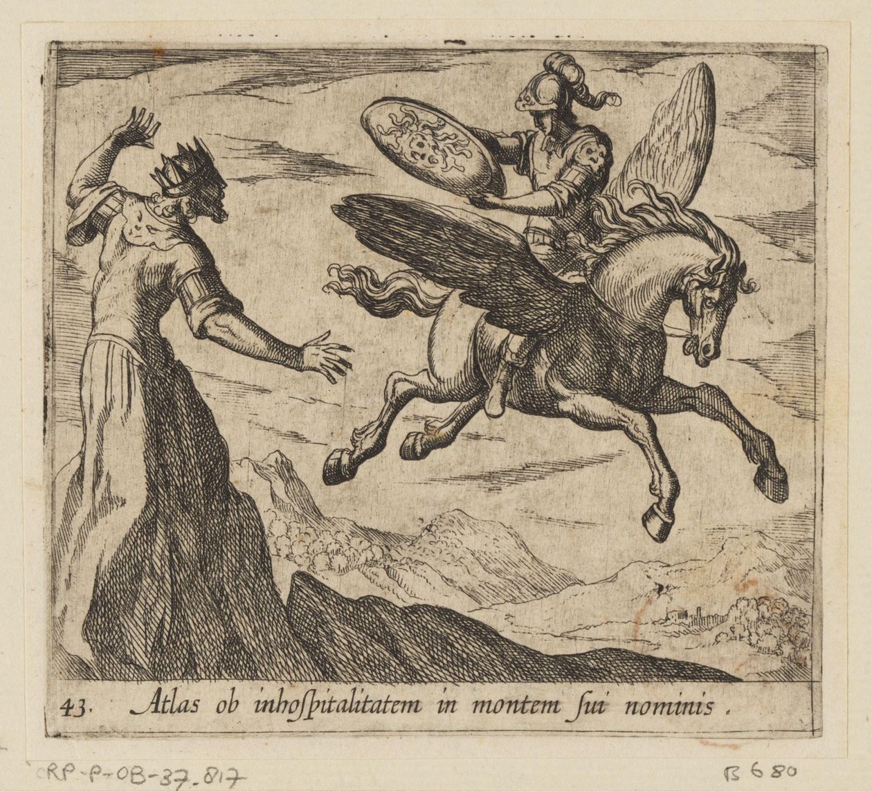 Atlas se proměnil v horu Atlas kvůli nehostinnosti na hoře svého jména (titul na předmětu) Metamorphoseon nebo transformace (název série) Metamorfosen van Ovidius (název série) od Antonio Tempesta