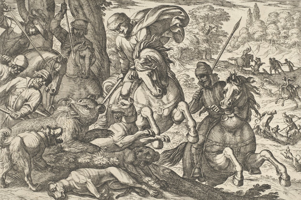 Lov na medvěda, z „Loveckých scén VI“, 1609. od Antonio Tempesta