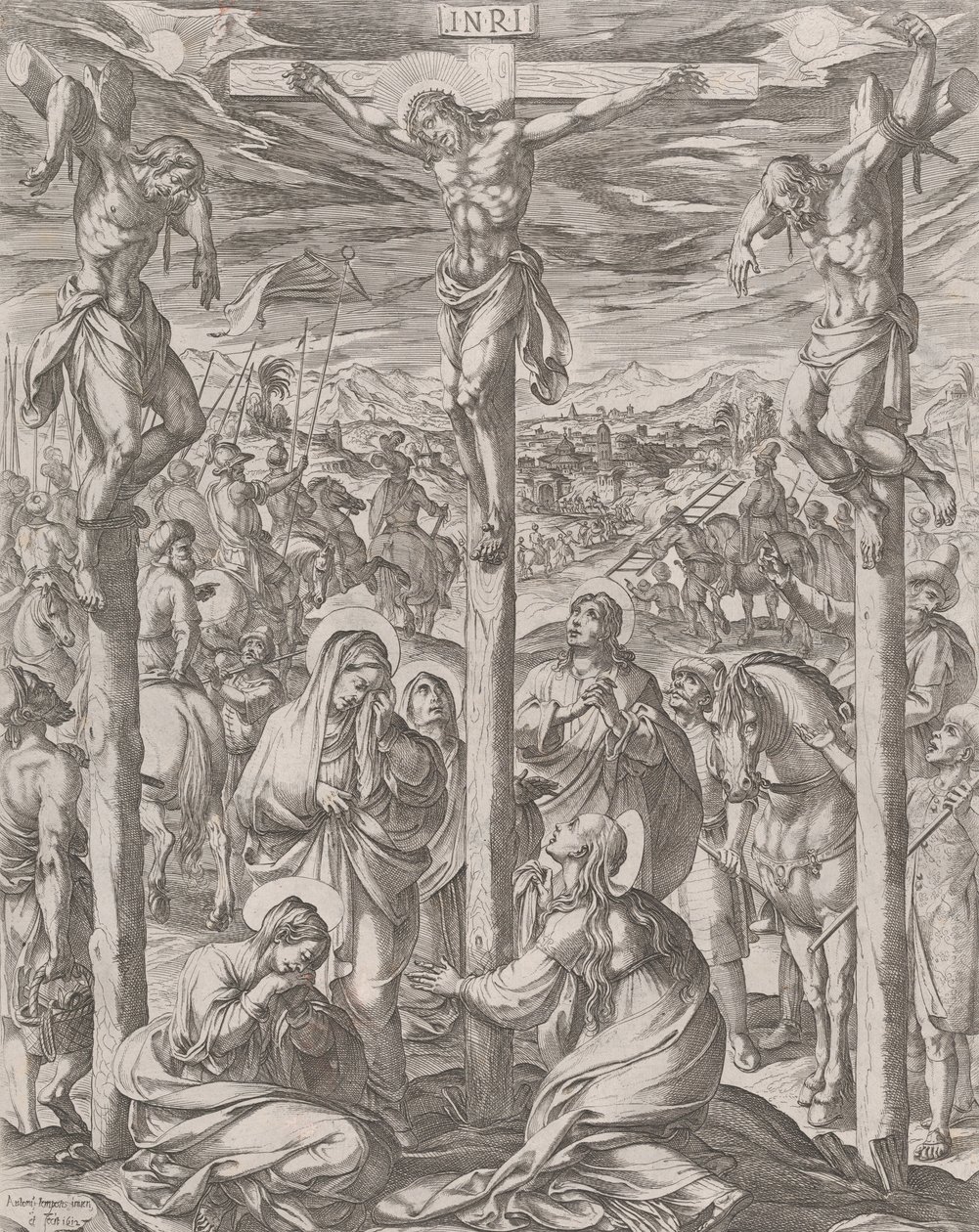 Kristus ukřižovaný mezi dvěma zloději, třemi Mariemi u paty kříže, 1612. od Antonio Tempesta