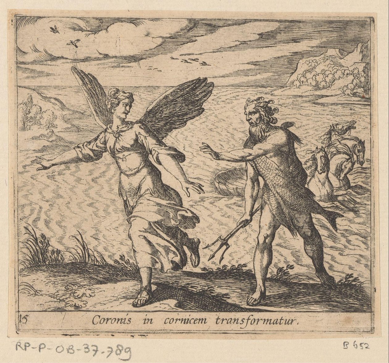 Koruna se změnila v een kraai Koruna se promění v římsu (nadpis na objektu) Metamorphoseon nebo transformace (název série) Metamorfosen van Ovidius (název série) od Antonio Tempesta