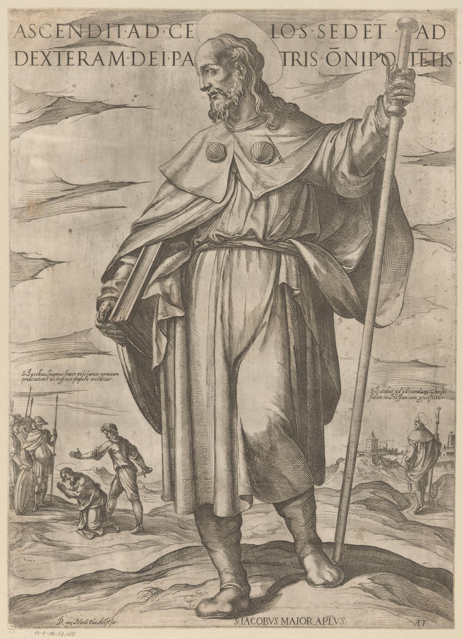 Heilige Jakobus de Meerdere Ten, kdo vystoupil do nebe, sedí po pravici Boha Otce všemohoucího (titul na předmětu) Kristus, Marie en de apoštol (název série) od Antonio Tempesta