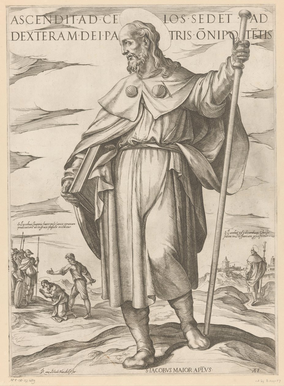 Heilige Jakobus de Meerdere Ten, kdo vystoupil do nebe, sedí po pravici Boha Otce všemohoucího (titul na předmětu) Kristus, Marie en de apoštol (název série) od Antonio Tempesta