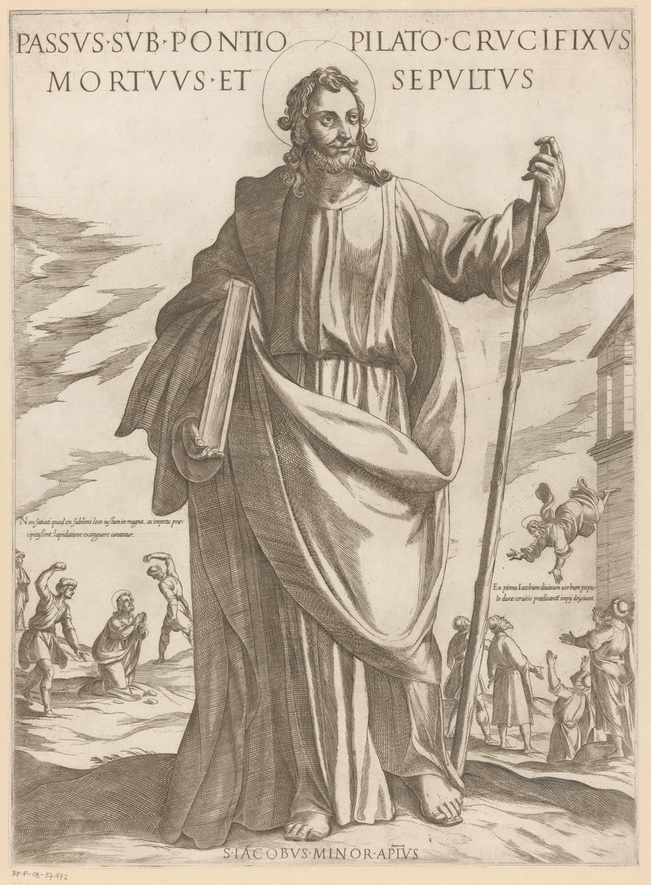 Heilige Jakobus de Mindere Utrpení pod Pontským Pilátem, ukřižovaný, mrtvý a pohřbený (titul na předmětu) Kristus, Marie en de apoštol (název série) od Antonio Tempesta