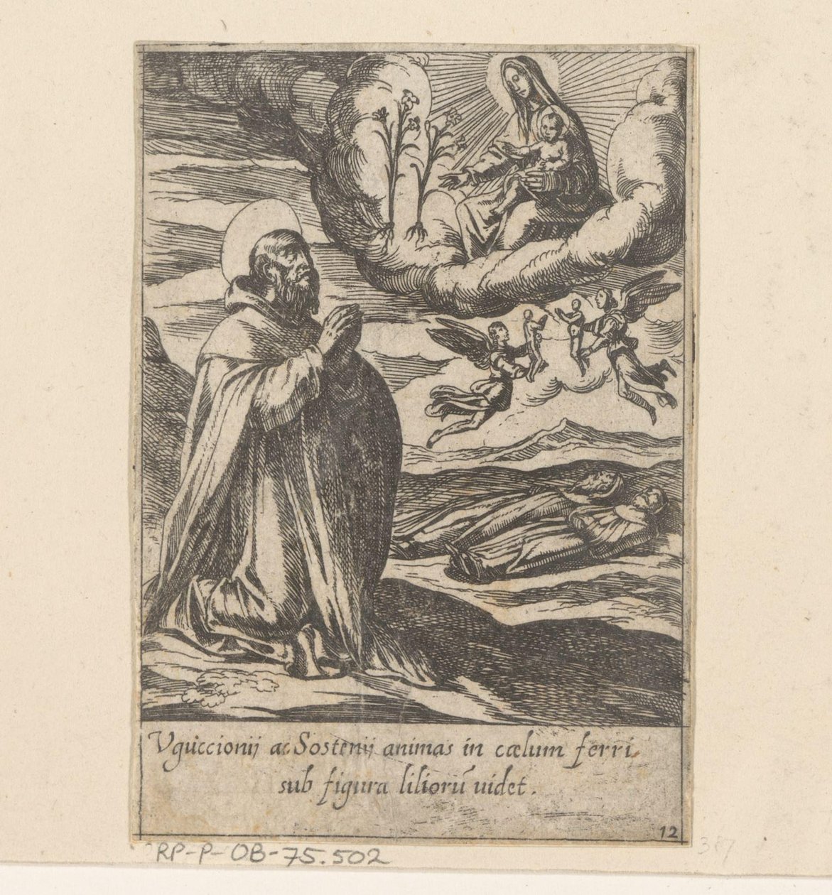 Heilige Philippus bidt voor de zielen van twee broeders Het Leven van Philippus Benitius (název série) Život B. Philippi Benicius Florent. obj. Služebník B. Marie Panny (název série) od Antonio Tempesta